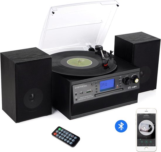 Bluetooth Platenspeler met CD & Cassette – Vinyl naar MP3 – USB & SD – AM/FM Radio – Afneembare Stereo Luidsprekers