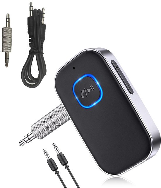 bluetooth receiver-BT 5.0 - 3.5MM AUX - Bluetooth Ontvanger-Handsfree Bellen-Draadloze audio-ontvanger voor stereo-Ruisonderdrukkende 3,5 mm AUX Bluetooth-autoadapter-Batterijduur van 16 uur - zwart + zilver van Merkloos