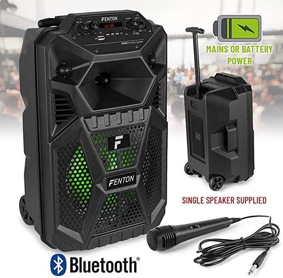 Bluetooth speaker - Fenton FPC8T - 100W party speaker / karaoke set met Bluetooth, mp3 speler, microfoon en LED verlichting van Fenton