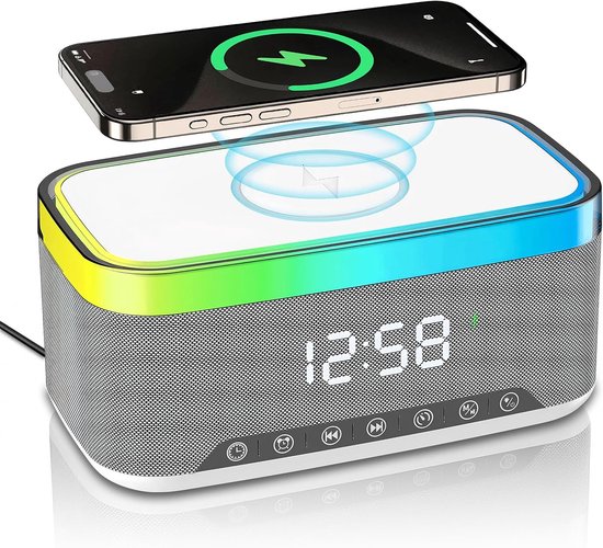 Bluetooth speaker met draadloos opladen en digitale klok, LED display, 15W Qi opladen, 2x10W speaker, 6 sfeerlampen, BT5.3/AUX/TF/USB-wit van Merkloos