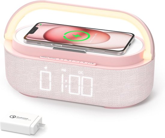 Bluetooth Speaker met Draadloze Oplader, FM-Radio en Dimbaar Nachtlampje