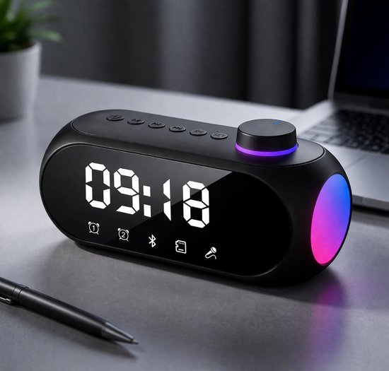 Bluetooth Speaker met Klok en RGB Licht – Draadloze Speaker met Alarmfunctie, FM Radio, AUX & TF Kaart – Compacte Tafel Speaker Zwart