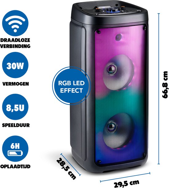 Bluetooth Speaker met Microfoon - Partybox met Sfeerverlichting - Muziek Box en Karaoke Set - Party Speaker met Bluetooth, Aux en USB Ingangen - Makkelijk te Verplaatsen met Handvat - Zwart