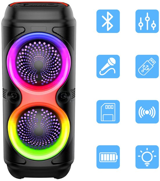 Bluetooth Speaker - Party Speaker - Draadloze Muziek Box - Speakers -LED Verlichting - Bluetooth - Karaoke - met RGB-Verlichting, Subwoofer, USB-Ingang en Microfoonaansluiting - Geschikt vVoor Feesten, Kamperen In De Buitenlucht en Karaoke-Evenemente van Zoeerx