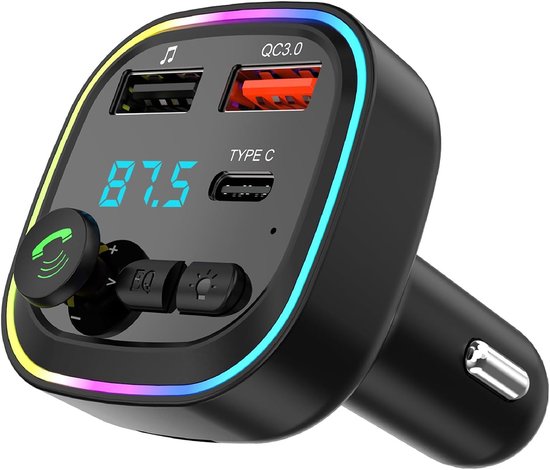 Bluetooth Transmitter - Fm Transmitter - met Handsfree Bellen - snel opladen - Plug and play - BT 5.3 - Carkit - Waterdicht en aardbevingsbestendig - Ruisonderdrukkingsfunctie - Bluetooth Auto - FM-frequentiebereik：87.5-108MHzt - 5x5x7.5cm - zwart