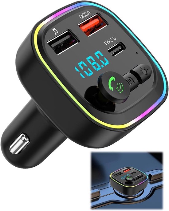 Bluetooth-zender - Bluetooth 5.3 FM-zender - Carkit - Draadloze handsfree auto-adapter - Snel opladen - Handsfree bellen - USB-ondersteuning - 2 USB 5V/3A-poorten en 1 Type-C-poort