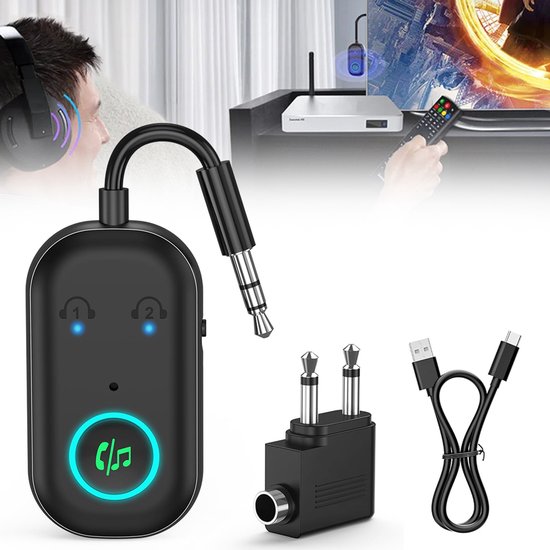 Bluetooth-zender - -ontvanger - 2-in-1 Bluetooth 5.3-adapter - 3,5 mm audio - geschikt voor auto's - te gebruiken in vliegtuigen, tv's, speakers, sportscholen, enz. - adapter - plug-and-play - zwart