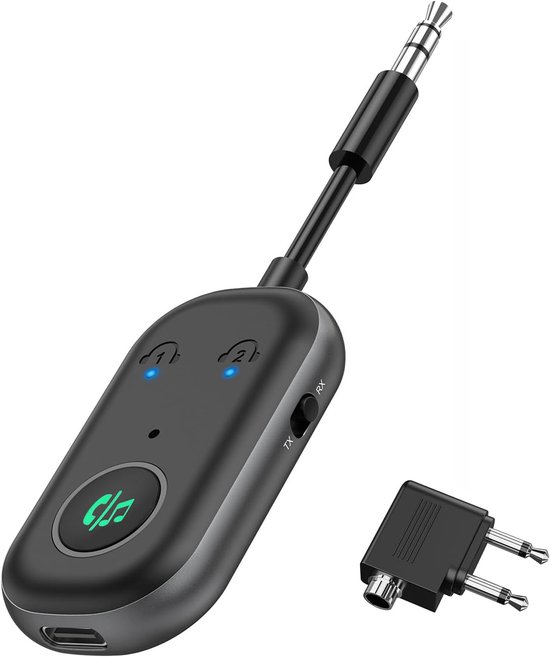 Bluetooth Zender Ontvanger, 2-in-1 Dual Connect Bluetooth 5.3 Adapter voor Hoofdtelefoon, 3,5mm Bluetooth Aux Adapter voor In De Auto, Plug and Play Draadloze Audio-adapter voor Vliegtuig TV Speaker van Merkloos