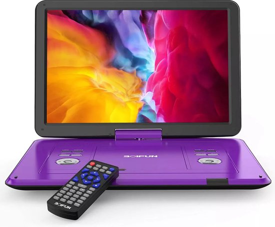 BOIFUN 17,5'' draagbare dvd-speler met 15,6'' groot HD-draaischerm, 6 uur oplaadbare batterij, ondersteuning voor USB/SD-kaart/Sync TV en meerdere schijfformaten dvd-speler, luidspreker met hoog volume, paars van Boifun