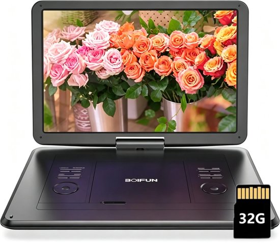 Boifun 17,5" draagbare dvd-speler met 15,6" groot HD-scherm, 6 uur oplaadbare batterij, ondersteuning voor USB/SD-kaart/Sync TV en meerdere schijfformaten, luidspreker met hoog volume, met 32GB Karrt van Boifun