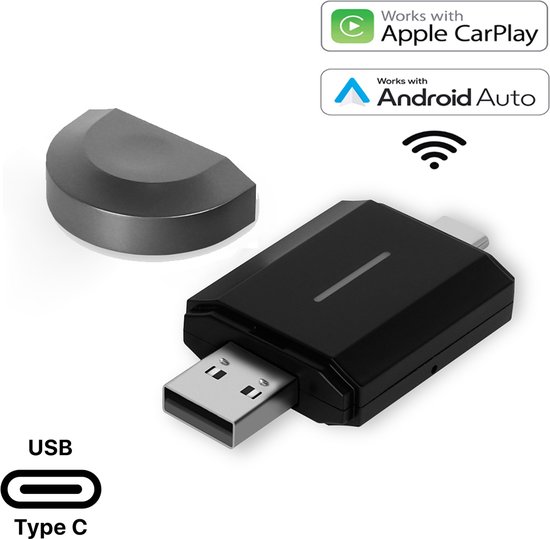 Boscer® Carplay & Android Auto Dongle - Draadloos Apple Carplay & Android Auto - 2 in 1 Carplay Dongle - USB-A & USB-C - Te gebruiken met ingebouwde Apple Carplay & Android Auto - Vernieuwd 2024 Model - Extra klein formaat van Boscer