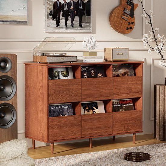BROTTAR 47,2" platenspelermeubel bruin, vinylplatenkast voor 7"/10"/12" LP's, 6 opbergvakken, retro platenspelerkast voor woonkamer, muziekhoek en vinylverzameling