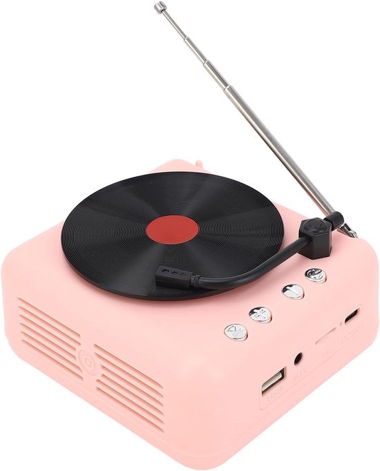 BT5.0 stereoluidspreker, retro platenspeler design, 1200mAh batterij, roze