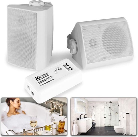 Buiten speakers - Geluidsinstallatie met 2 outdoor speakers en versterker met Bluetooth - Perfect voor overkapping, badkamer, sauna, etc. - Wit van Kliko.