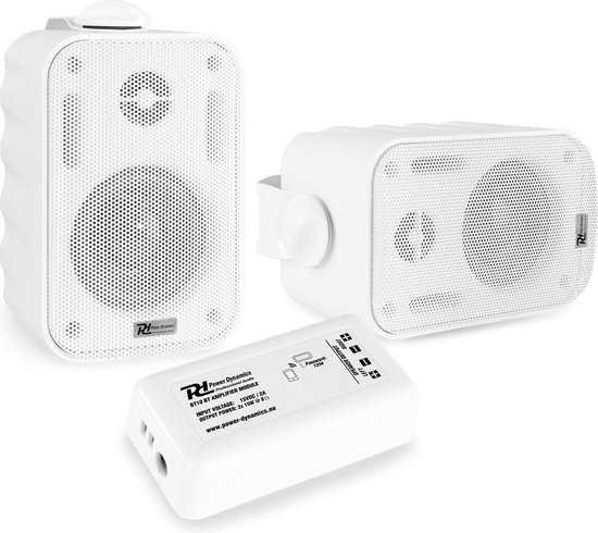 Buiten speakers - Power Dynamics BT10 versterker met Bluetooth en 3'' witte speakers van Power Dynamics