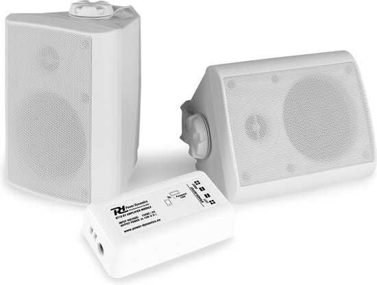 Buiten speakers - Power Dynamics BT10 versterker met Bluetooth en 4'' witte speakers van Power Dynamics
