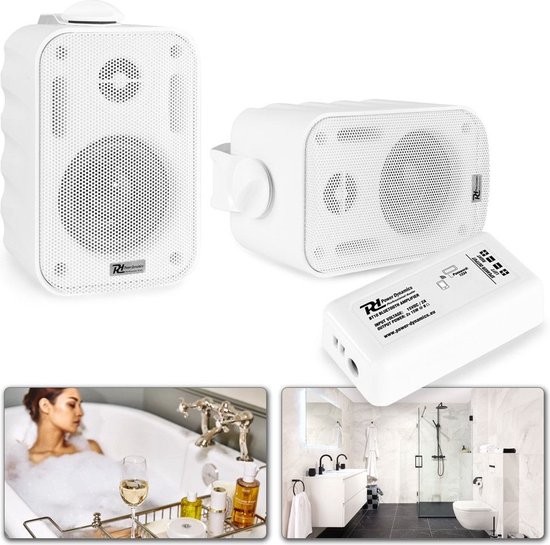 Buitenspeakers - Bluetooth geluidsinstallatie met 2 vochtbestendige opbouwspeakers (3 inch) voor bijvoorbeeld overkapping, badkamer, sauna ruimte, etc. - Wit van Vonyx