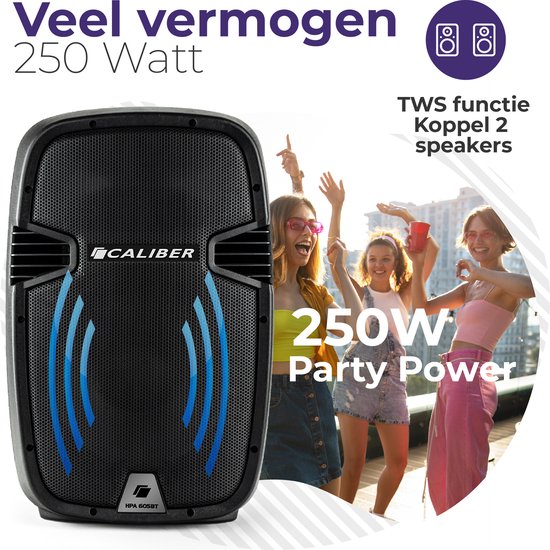 Caliber Partybox - Karaoke - Trolley Speaker met draadloze microfoon - DJ Speaker 250 Watt - PA Set met Afstandsbediening - Luidspreker Standaard (HPA605BT)