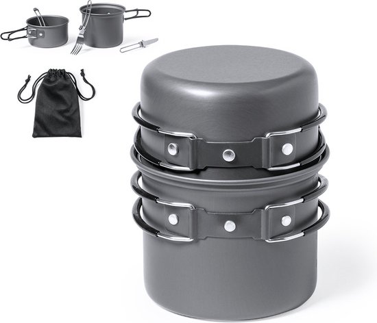 Camping pannenset met bestek - Kookset - Kamperen - Koken - Lichtgewicht - Aluminium - RVS van Merkloos