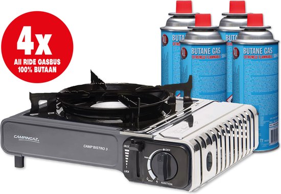 Campingaz - Camping kooktoestel - Draagbaar Gasfornuis – Noodpakket kookset - Incl. 4 All-Ride gasflessen-Bussen en koffer van Campingaz