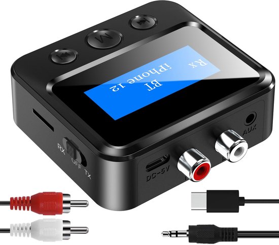 carmdering - 2-In-1 Bluetooth Zender En Ontvanger - Draadloze Audio Adapter - TX RX Modus Schakelaar - RCA En 3.5mm AUX Ingang - LCD Scherm Display - TF Kaart Ondersteuning - Compact Draagbaar Design - Plug And Play Installatie - 1 Stuk van Carmdering