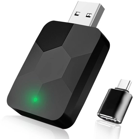 Carplay Dongle - voor Apple Carplay en Android Auto - Draadloos - Draadloze verbinding voor o.a. iPhone en Samsung - USB + extra USB-C adapter - Plug & Play - zwart van Merkloos