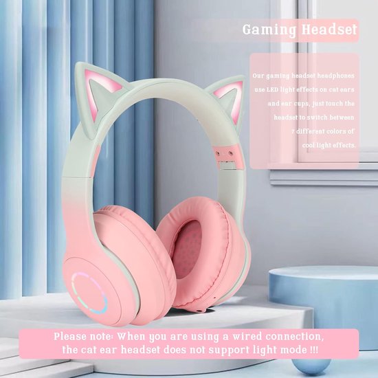Cat Ear-koptelefoon - Draadloze Gaming-headset - Bluetooth 5.1 - 3,5 mm AUX - Opvouwbare Hoofdtelefoon - 7 Kleuren LED-verlichting - 4 LED-modi - Meisjes - Volwassenen - Roze