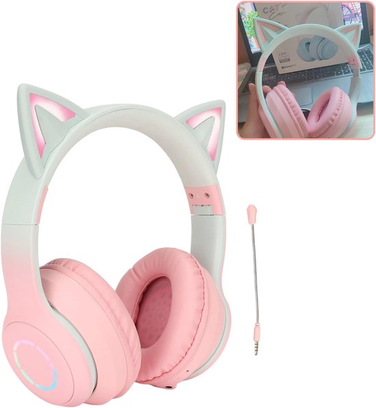 Cat Ear-koptelefoon - Draadloze Gaming-headsets Via Bluetooth 5.1/3,5 Mm AUX-kabel, Opvouwbare Hoofdtelefoon met 7 Kleuren LED-verlichting en 4 LED-modi voor Meisjes, Volwassenen(roze)