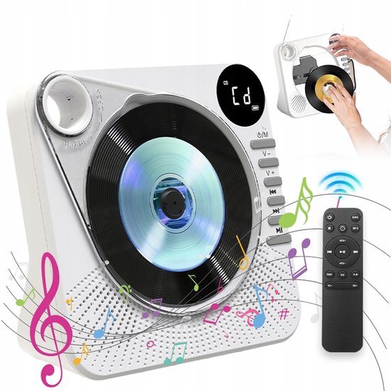 CD Speler - Bluetooth Speaker - Witte Multifunctionele Audiospeler - Met USB, AUX & Remote - Slaaptimer & Batterij - Voor Muziek in Huis van Merkloos