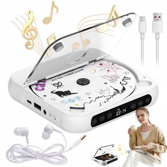 CD-speler - Draagbare retro-speler - Draagbare Bluetooth CD-speler - Wit 3 Modi (CD/USB/Bluetooth) - Met LED-scherm & 2000mAh Batterij
