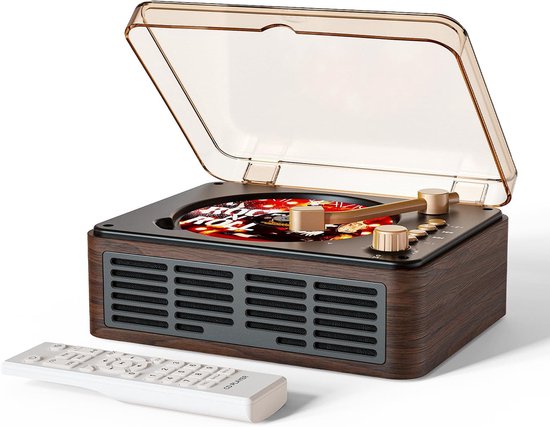CD-speler met Bluetooth-luidsprekers, nostalgische retro draagbare CD-speler voor thuis, houten muziekspeler, FM-radio voor thuis, bedraad en met afstandsbediening - walnootbruin