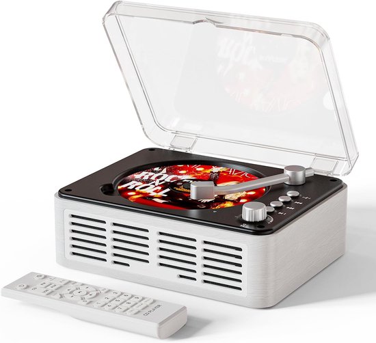 CD-speler met Bluetooth-zender, nostalgische retro houten muziekspeler, ingebouwde luidsprekers met basversterking, FM-radio voor thuisgebruik (bedraad en met afstandsbediening) - wit