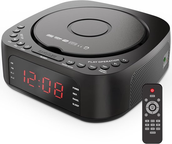 CD-speler-wekker met afstandsbediening: CD/MP3, Bluetooth, FM-radio met luidsprekers, USB-oplader en dimbaar display voor de slaapkamer – dubbel alarm met instelbaar geluid, geschikt voor zowel diepe als lichte slapers.
