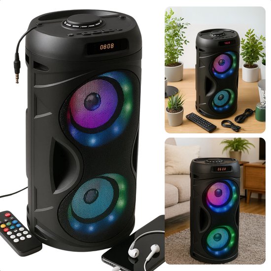 Cheqo® Bluetooth Party Speaker - Draagbare Speaker - Krachtig Geluid - RGB LED-Verlichting - Draadloze Verbinding - Bluetooth 5.3 - TWS-Functie - Multifunctioneel Afspelen - USB, Micro SD, AUX - FM-Radio - Lange Batterijduur - 10W Vermogen van Merkloos