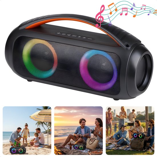 Cheqo® Boombox Speaker - Boombox Bluetooth Speaker - Bluetooth Boombox - Draagbare Boombox - Draadloze Boombox - Boombox Luidspreker - Muziek Box Bluetooth - Draagbare Bluetooth Speaker - Party Speaker - Speaker Met Licht van Merkloos