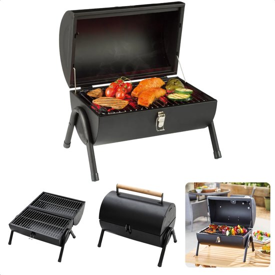 Cheqo® Houtskoolbarbecue - BBQ - Cilinderbarbecue - Tafel BBQ - Barbecue Cilindervorm - Tafelmodel - Mat Zwart - 2-zijdig Gebruik - 2 Rekken/Platen - 17 cm Grillhoogte - Metaal - Afsluitbaar Deksel - Compact - 41 x 26 x h36 cm - Ook voor Camping van Cheqo®