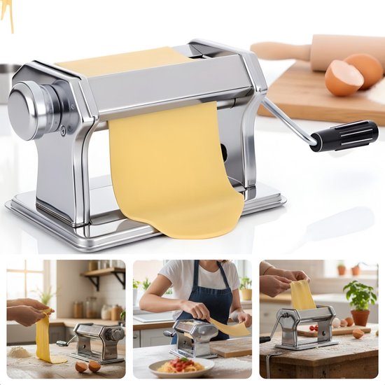 Cheqo® Pasta Machine - Pastamaker - Verse Pasta Maken - Roestvrijstaal - Handmatige Bediening - Tafelklem - Spaghetti Maken - Fettuccine Snijden - Lasagne Vellen - Ravioli Maken - 9 Standen - Pastadikte Instellen - Pastamachine van Cheqo