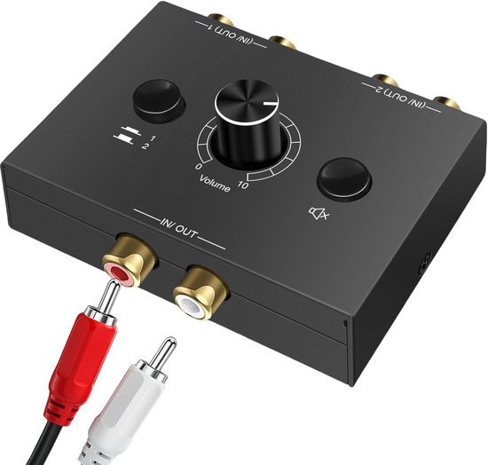 Cinch Stereo Audio Switch met Volume Controle voor R/L, 2-In-1 Splitter voor CD Speler en Computer Speakers, Ideaal voor Thuisgebruik en Audio Apparatuur