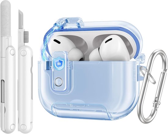 Clear Case for AirPods Pro 3 (2025) with Secure Lock, Clear Blue | Anti-Smudge, Soft TPU Transparent Cover for AirPod Pro 3rd Generation with Phone Stand Function, Cleaning Kit & Keychain