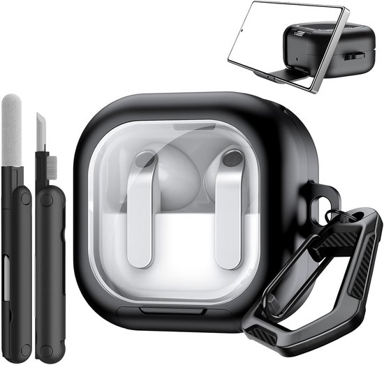 Clear Case for Galaxy Buds 4 & Galaxy Buds 4 Pro (2026), Black | TPU Hard Shell Transparent Cover for Samsung Buds 4 Pro with Secure Lock, Phone Stand Function, Cleaning Kit & Keychain