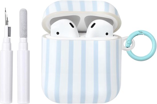 Compatibel met AirPods 2 hoes met reinigingsset, schattig gestreept patroon, esthetisch design, stootvaste en krasbestendige TPU-beschermhoes met sleutelhanger, voor vrouwen en meisjes, blauw