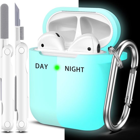 Compatibel met AirPods 2e generatie 2019,1e generatie 2016 hoes met reinigingsset en sleutelhanger,Zachte siliconen bescherming voor Apple AirPods Case,Gloed Blauw