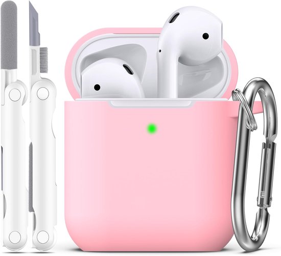 Compatibel met AirPods 2e generatie 2019,1e generatie 2016 hoes met reinigingsset en sleutelhanger,Zachte siliconen bescherming voor Apple AirPods Case,Roze