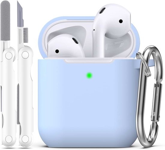 Compatibel met AirPods 2e generatie 2019,1e generatie 2016 Oplaadhoes, Zachte siliconen beschermhoes voor Apple AirPods met reinigingsset en sleutelhanger,Hemelsblauw