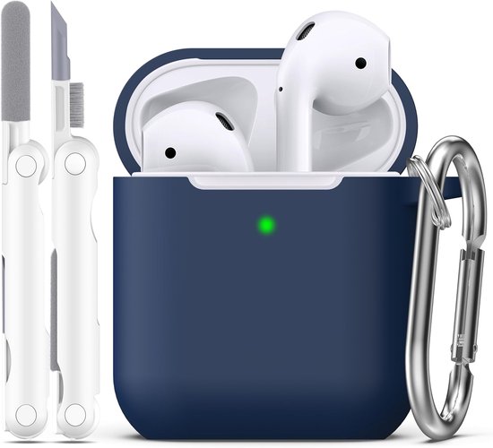 Compatibel met AirPods 2e generatie 2019,1e generatie 2016 Oplaadhoes, Zachte siliconen beschermhoes voor Apple AirPods met reinigingsset en sleutelhanger,Middernachtblauw