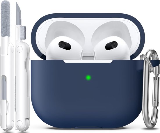 Compatibel met AirPods 3e generatie 2021 Oplaadhoes, Zachte Silicone Beschermhoes Compatibel met Apple Airpod 3 Gen met Schoonmaakset & Sleutelhanger,Middernachtblauw