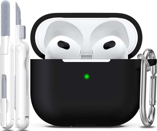 Compatibel met AirPods 3e generatie 2021 Oplaadhoes, Zachte Silicone Beschermhoes Compatibel met Apple Airpod 3 Gen met Schoonmaakset & Sleutelhanger,Zwart