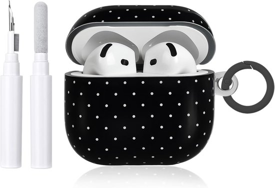 Compatibel met AirPods 4 Beschermhoes met schoonmaakset, schattig golfstipjespatroon Esthetisch ontwerp, krasbestendige sleutelhanger Hoes voor oordopjes en telefoon - Zwart