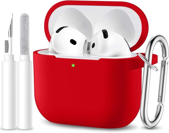 Compatibel met AirPods 4 Case 2024 Case, Full Body Zachte Siliconen Beschermhoes voor Apple AirPods 4 Generatie met Reinigingsset en Karabijnhaak [LED Zichtbaar], Rood