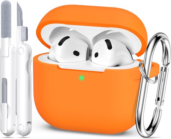 Compatibel met AirPods 4 generatie Case Cover 2024, Militair Klasse Zacht Siliconen, Schokabsorptie Absorptie, compatibel met AirPods 4-hoesje met sleutelhanger en reinigingsset, Oranje